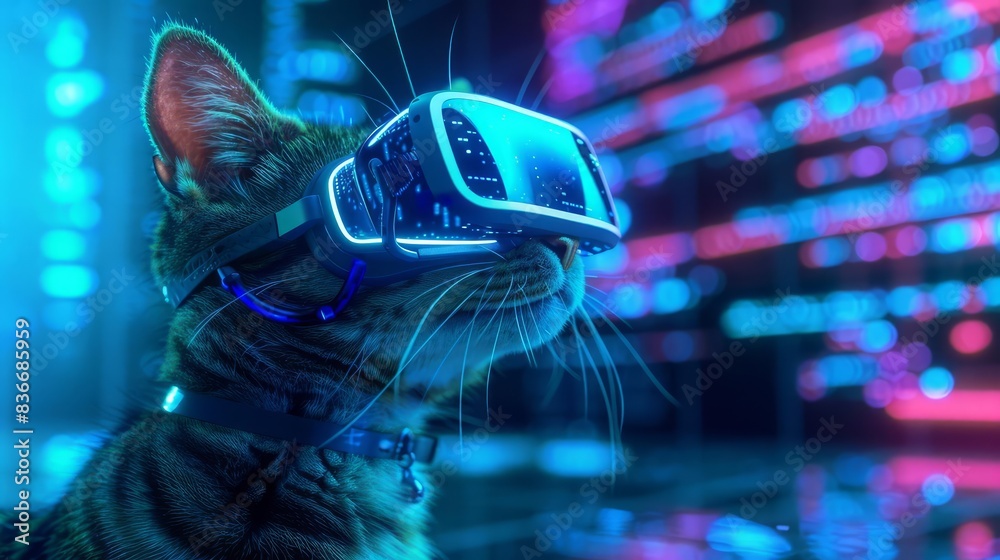Poster cyber cat coder an adorable feline wearing vr goggles, hacking in a digital cyberspace environment