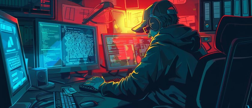 Cybercriminal at work A hacker in front of his computer engaging in digital theft