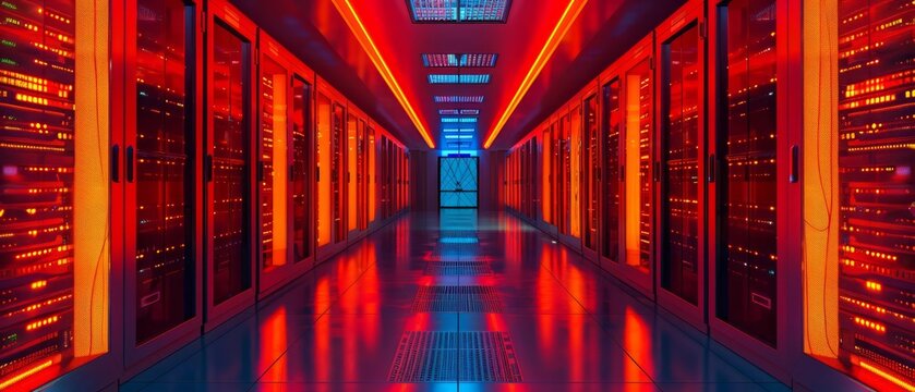 Data center panorama Wideangle view of operational rack servers with red emergency LED lights blinking in a dimly lit environment
