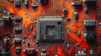 Fototapeta premium Close-up of a microchip and circuit board.