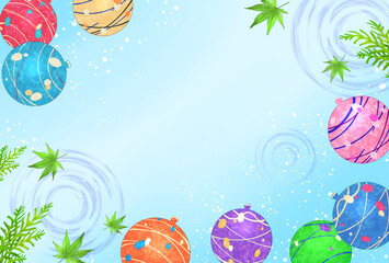 水辺に浮かぶヨーヨー　暑中見舞い　和　和風　素材　枠　水風船　青もみじ　夏祭り　風物詩　屋台　露店　ヨーヨー釣り　ヨーヨーすくい　おしゃれ　お中元　ギフト　メッセージカード　ポスター