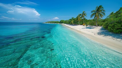 Fototapeta premium A tropical island paradise, with white sandy beaches, crystal-clear waters, and lush palm trees, evoking a sense of relaxation and natural beauty. Minimal and Simple,