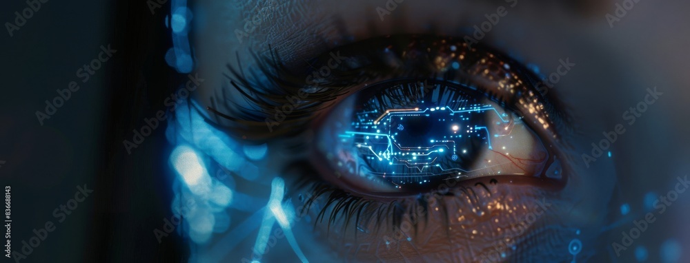 Poster a close up of an eye with digital circuitry and data flowing through it.