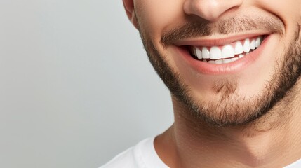 Obraz premium A mans smile with white teeth against a grey backdrop