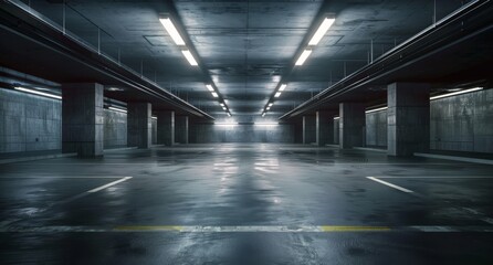 A dark empty underground car park with concrete walls.