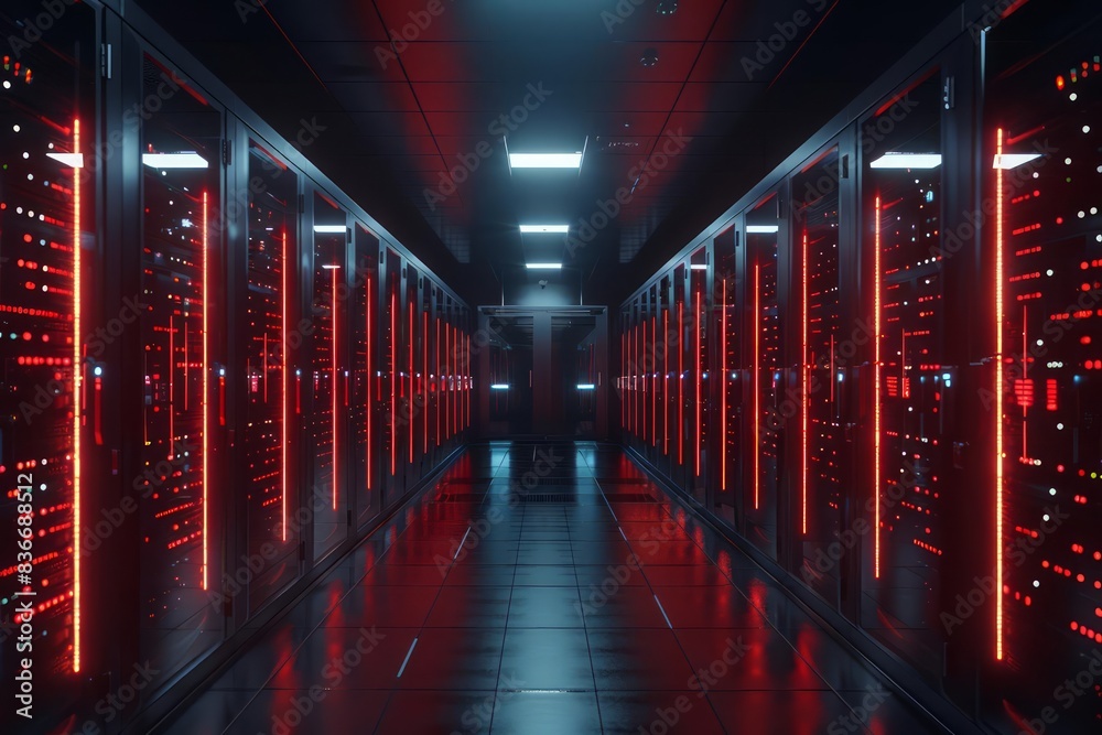 Poster hightech server room expansive shot of a working data center with rows of computers and flashing red