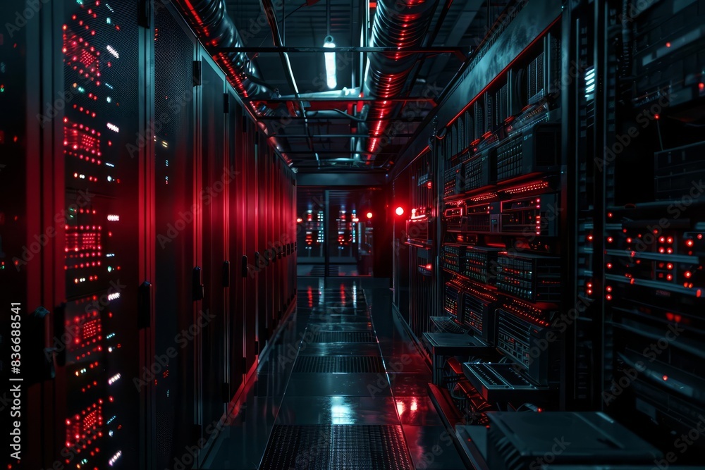 Poster hightech server room expansive shot of a working data center with rows of computers and flashing red