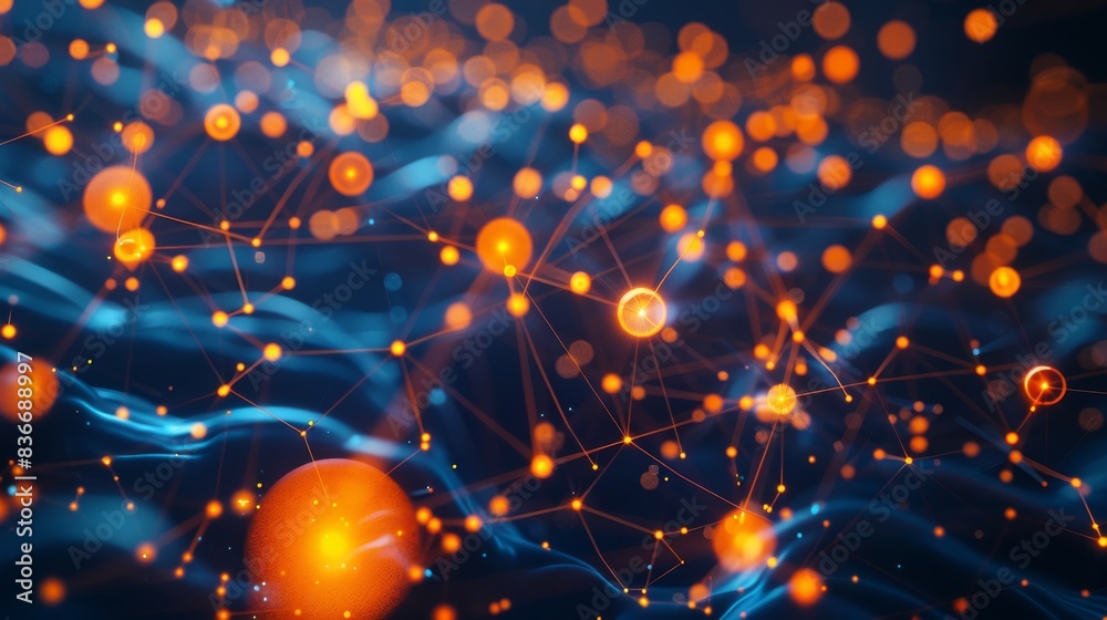 Poster a network of interconnected orange spheres representing data and energy flow in an ai system.