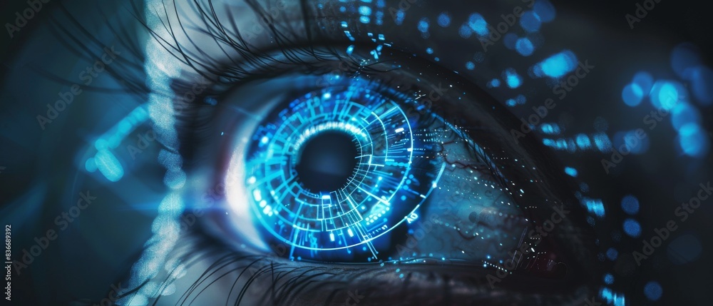 Poster a close up of an eye with digital circuitry and data flowing through it.