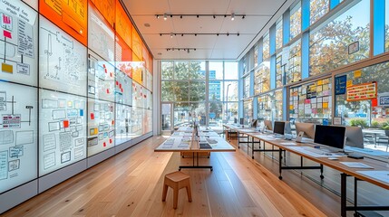 A collaborative workspace with writable walls covered in diagrams and notes, showcasing the creative process and dynamic brainstorming sessions. Minimal and Simple,