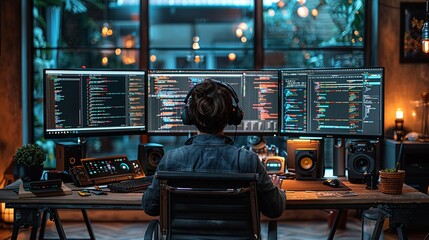 A team working on a coding project, with multiple monitors displaying code, and developers collaborating to solve problems, illustrating technical teamwork. Minimal and Simple,