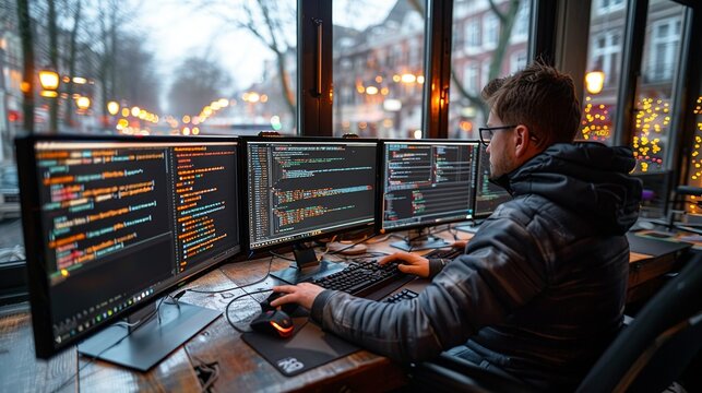 A team working on a coding project, with multiple monitors displaying code, and developers collaborating to solve problems, illustrating technical teamwork. Minimal and Simple,