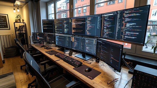 A team working on a coding project, with multiple monitors displaying code, and developers collaborating to solve problems, illustrating technical teamwork. Minimal and Simple,