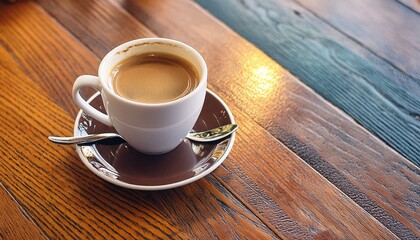Obraz premium Cup of Coffee on a Table - Cozy Setting with Cappucino or Black Coffee - Background for Barrista or Cafe