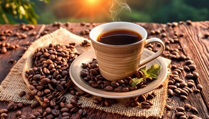 Cup of Coffee on a Table - Cozy Setting with Cappucino or Black Coffee - Background for Barrista or Cafe