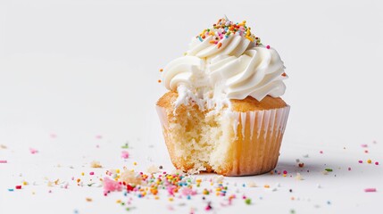 bitten cupcake isolated on white background. waste food conecpt
