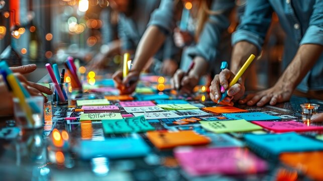 A brainstorming session with sticky notes and colorful markers, team members actively participating and contributing ideas, showcasing creative collaboration. Minimal and Simple,