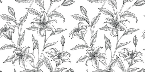 lily floral pattern black and white illustration