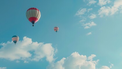 Obraz premium Magical Moments: Gliding Hot Air Balloons against a Brilliant Blue Sky
