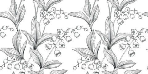 Lily of the Valley floral pattern black and white illustration