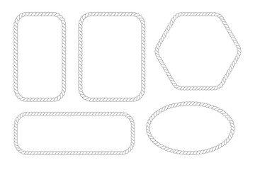 Vector rope frames. Borders of different geometric shapes are round, oval and square. Vector isolated on transparent background. eps 10.