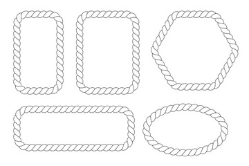 Vector rope frames. Borders of different geometric shapes are round, oval and square. Vector isolated on transparent background. eps 10.