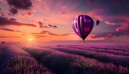 Fototapeta premium Sunset Serenity: Lavender Field Beauty with Hot Air Balloon
