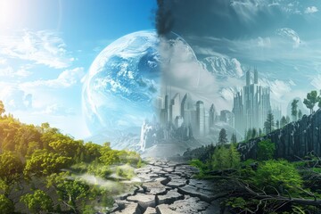 Fototapeta premium Show the progression from a vibrant, flourishing Earth with clear blue skies to a desolate, abandoned planet with grey skies and toxic air