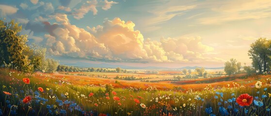 The expansive landscape is adorned with vibrant summer flowers, creating a picturesque scene along the horizon