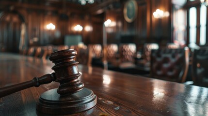A wooden gavel sits on a wooden table in a courtroom