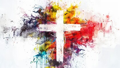 Abstract vibrant painting of a white cross with multi-colored splashes. Symbol of faith expressed through vivid art and creativity.