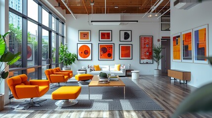 A modern office with inspirational quotes and artwork on the walls, creating an uplifting and motivational work environment for employees. Minimal and Simple,