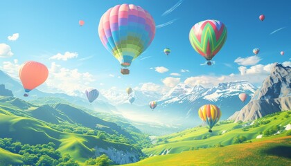 Fototapeta premium Colorful Hot Air Balloon Festival: A Summer Panorama of Countryside Mountains