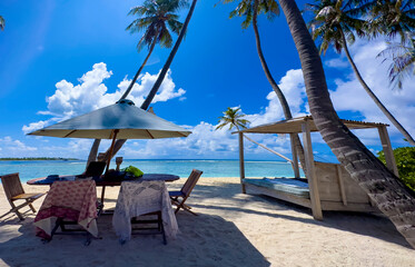 Summer palm trees  as deckchairs on jetty in front of tropical island