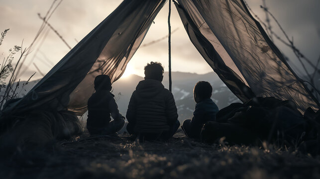Imagine: A family huddles together under a makeshift shelter, their silhouettes telling stories of displacement and hope on International Migrants Day - Powered by Adobe