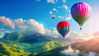 Fototapeta premium Summer's Splendor: Countryside Mountains and Colorful Hot Air Balloons Festival