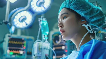 Anesthesiologist monitoring patient vitals during surgery