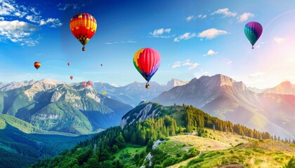 Fototapeta premium Spectacular Countryside Mountains: A Vibrant Hot Air Balloon Festival