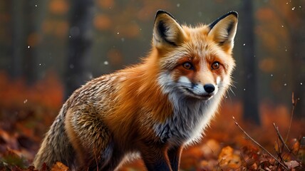 Naklejka premium Granater AI A fox in the woods during a rainy day, surrounded by colorful leaves.