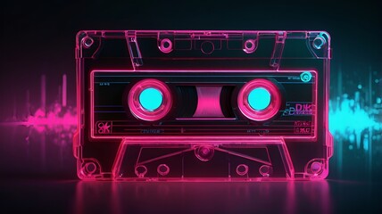 Fototapeta premium Granater AI An antique cassette player illuminated by vibrant neon lights, showcasing a nostalgic blend of vintage technology and vibrant aesthetics.