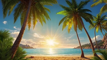 Fototapeta premium Granater AI A serene tropical beach with palm trees and a bright sun shining down on the sandy shore.