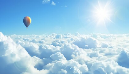 Obraz premium Tranquil Serenity: Hot Air Balloon Soars Above White Clouds Towards the Bright Sun