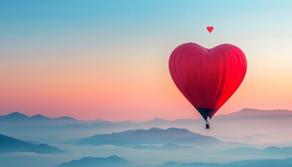 Fototapeta premium Romantic Valentine's Day Adventure: A Journey in a Red Heart-Shaped Hot Air Balloon
