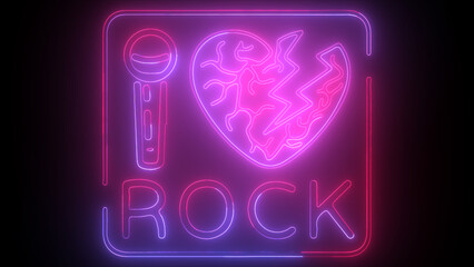 I love rock neon signboard. Rock music neon sign, symbol, bright icon, design element of Rock and Roll.