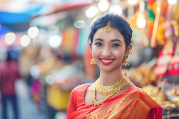 A portrait of an elegant young Indian woman in traditional attire, smiling warmly at the camera. She wears gold jewelry and a red saree, embodying cultural beauty. The background i