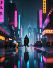 A mesmerizing night scene of a cyberpunk city street illuminated by vibrant neon lights. The futuristic urban setting is enhanced by rain-soaked streets, reflecting the colorful signs and creating a