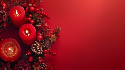 red background with candles in a Christmas wreath with space for text.