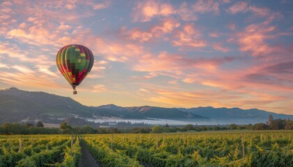 Obraz premium Napa Valley: A Serene Dawn with Hot Air Balloon Over Vineyards