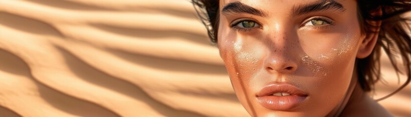 Close-up of a young woman with a tear on her face in the desert, with sunlight casting shadows