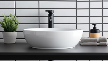 Fototapeta premium A modern bathroom sink with a black faucet a green plant and a brown soap dispenser